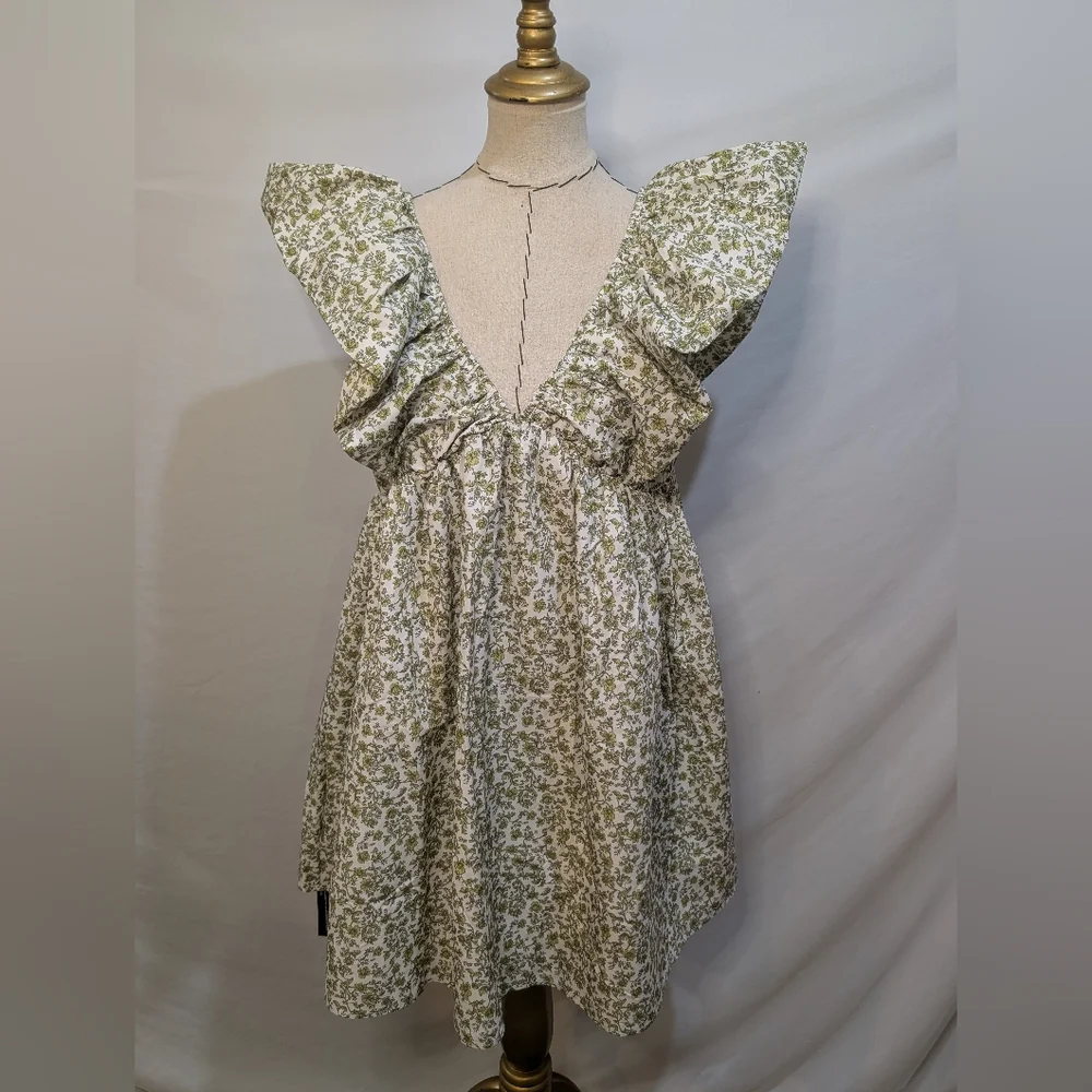Green Floral Patterned Mini V Neck Puff Sleeve Babydoll Dress L - Picture 1 of 15